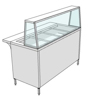 Baño Maria a Gas de 4 Panas, faldón largo y entrepaño, con bandeja para operario, vidrios frontales y laterales y con rodos AI 430 59"x25"x35"