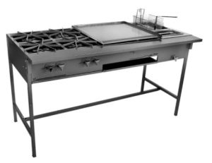 Cocina MultiChef  con  02 Freidoras, 02 Quemadores  y una  Plancha de hierro. Fabricada en estructura de hierro con forros Acero Inoxidable.  Medidas: 63"x29"x35"
