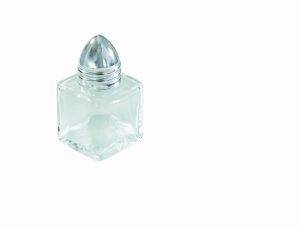 Salero/pimentero 0.5 oz cuadrado, vidrio con tapa cromada