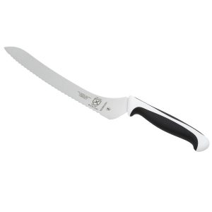 Cuchillo de pan millennia con borde dentado 9" de acero inoxidable y mango de polipropileno color negro con blanco