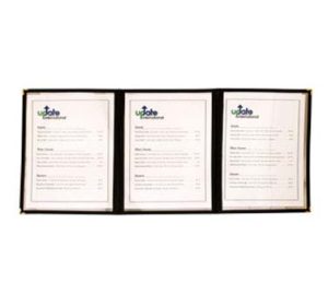Porta menú  de 3 paneles transparentes de plástico borde  verde con esquinas doradas 9-1/4" x 12"