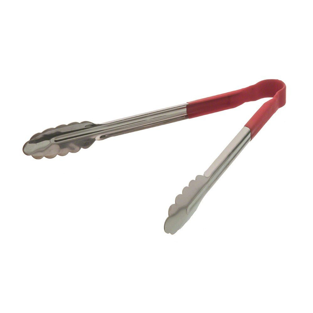 Pinza festoneada multiuso de acero inoxidable con mango plastico rojo de 12"