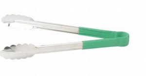 Pinza festoneada multiuso de acero inoxidable con mango plastico verde de 12"