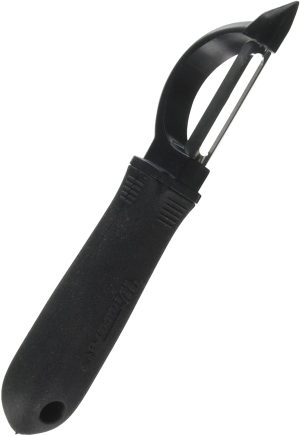Pelador de vegetales vertical de acero inoxidable con mango plástico negro 7-1/2"